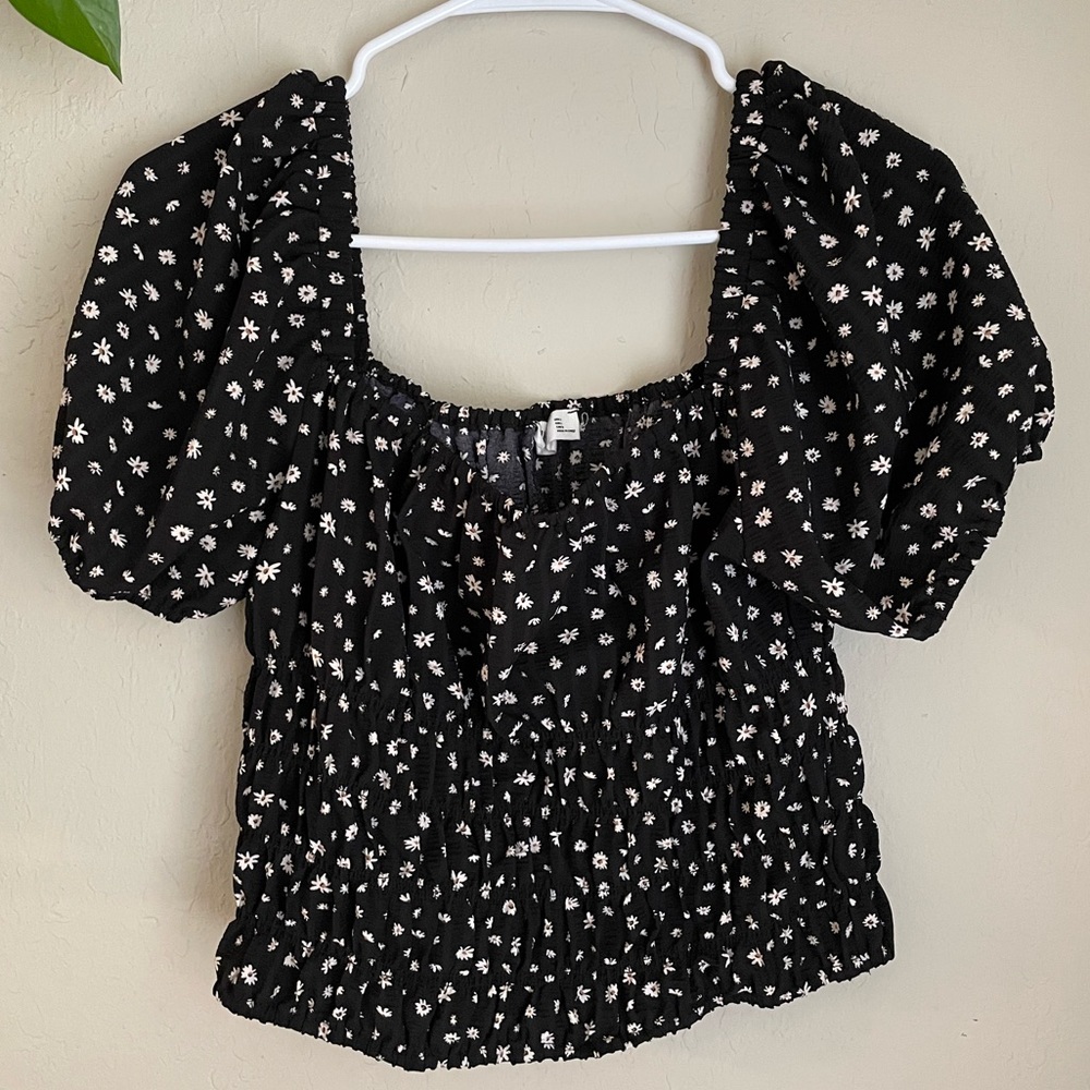 Elodie Off Shoulder Smocked Stretch Black Floral Blouse - Picture 7 of 9